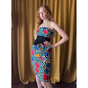 Vintage 80s Op Art Dress, Checkered Floral Print, Bow Detail Cocktail Party, Siz